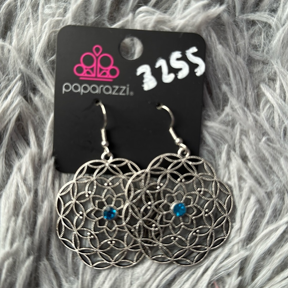 Silver and blue dangling earrings. Nickel free.